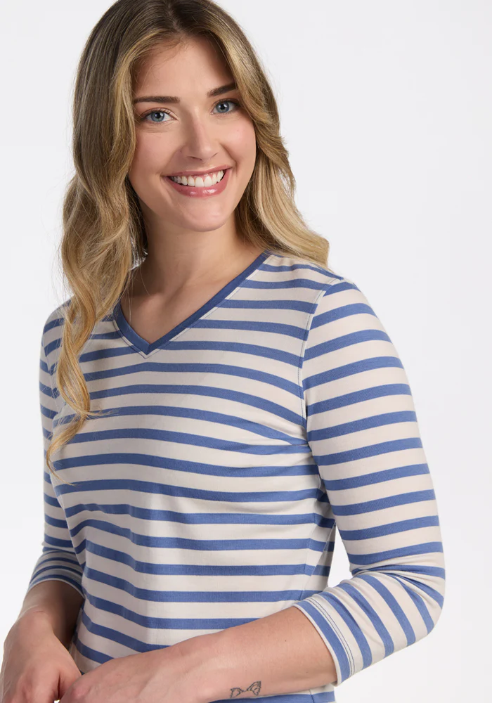 Elena 3/4 Sleeve V Neck - Blue Sand Stripe - Image 4