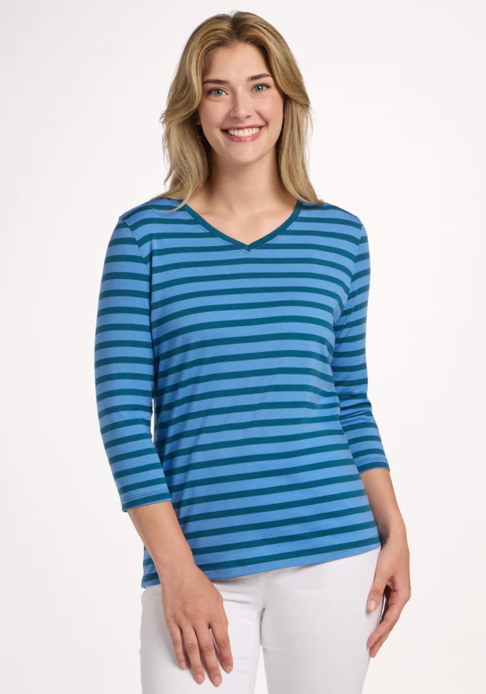 Elena 3/4 Sleeve V Neck - Coastal Stripe