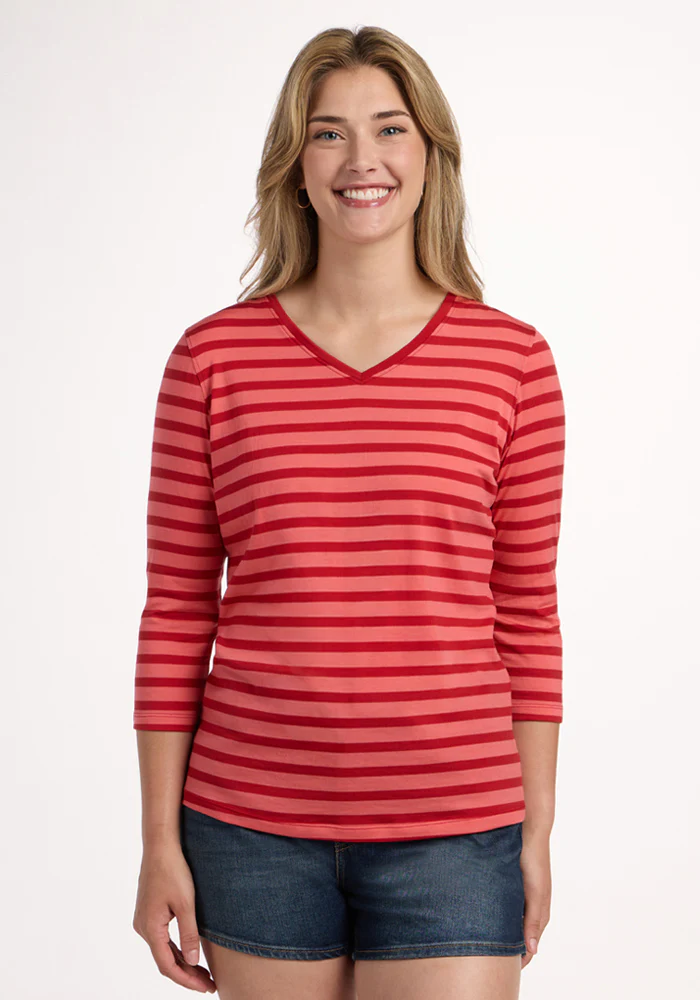 Elena 3/4 Sleeve V Neck - Wildberry Stripe