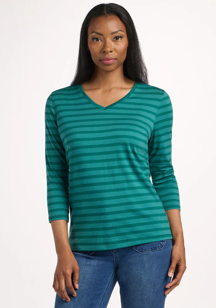 Elena 3/4 Sleeve V Neck - Woodland Stripe