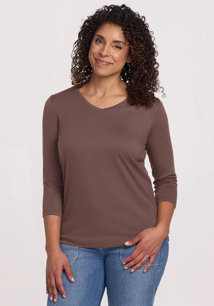 Elena 3/4 Sleeve V Neck - Peppercorn